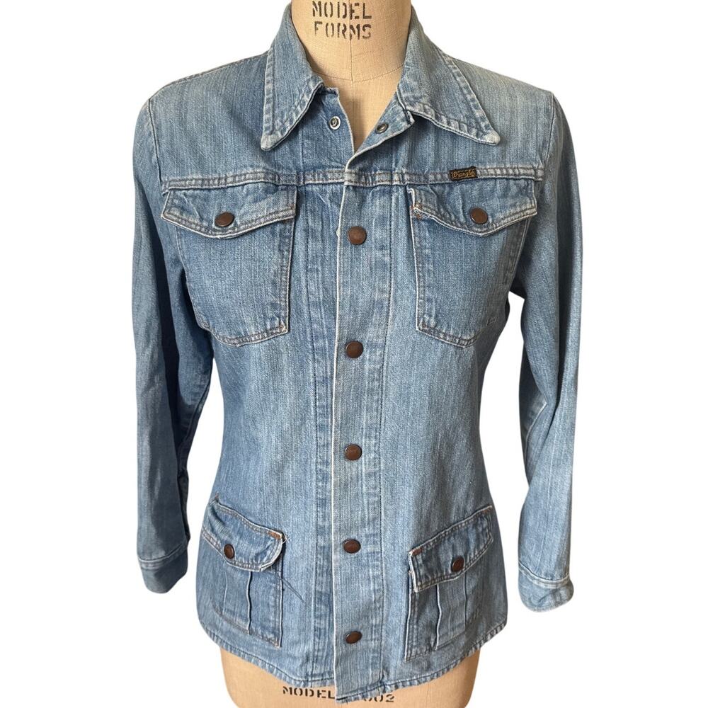 Wrangler Vintage Womens 1970s Distressed Button Up Denim Jacket Size Medium